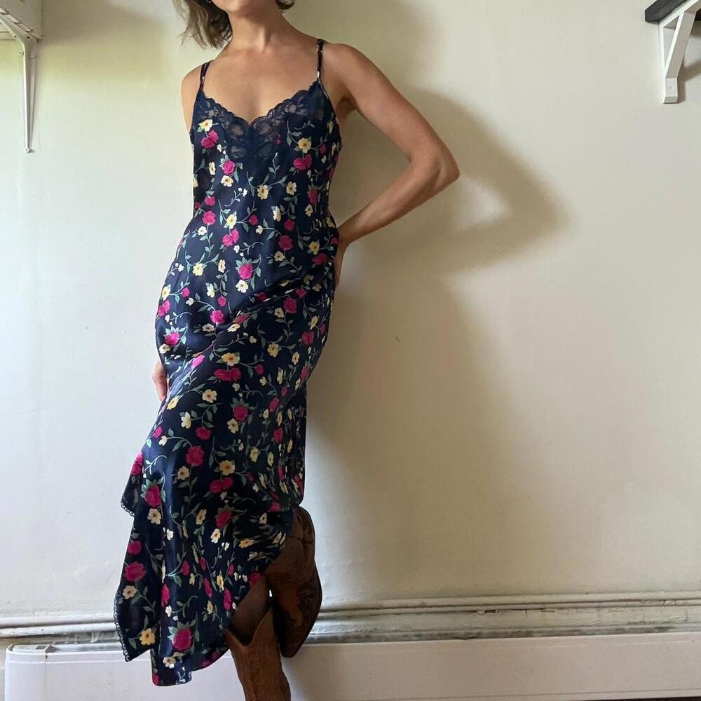 Vintage Floral Satin Slip Maxi Dress — M